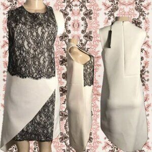 Robert Rodriquez 4 Black-Cream Lace Zip Back Asymmetrical Hem Sheath Dress